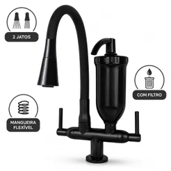 Torneira para Pia de Cozinha com Filtro Bancada Gourmet 2 Jatos Flexível Preta Black 1/4 de Volta