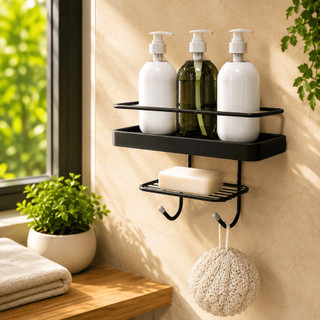Suporte Banheiro Organizador Porta Shampoo Saboneteira Autoadesivo Preto Com Ganchos
