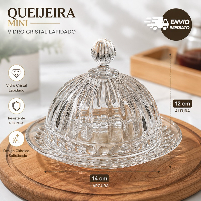 Mini Queijeira Prato para Doce vidro 14cm x 10cm x14cm Queijeira com Tampa Transparente Vidro Grosso