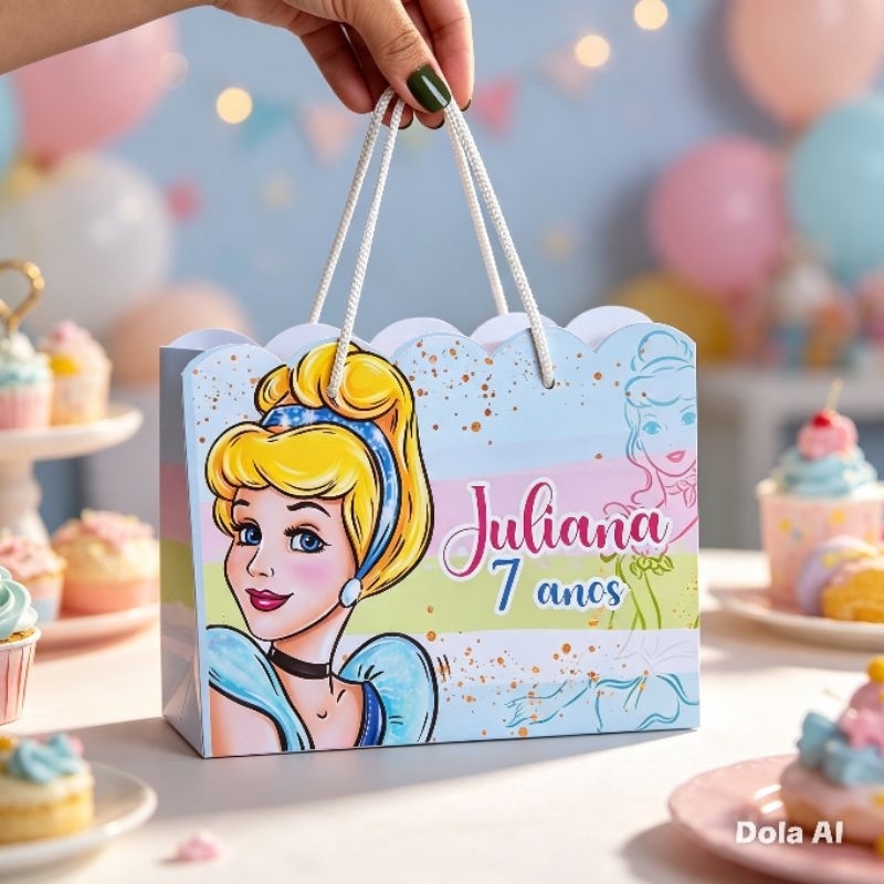 Sacolinha Cinderela Tamanho G personalizada com BRILHO - Pegue e monte - Fazemos vários temas