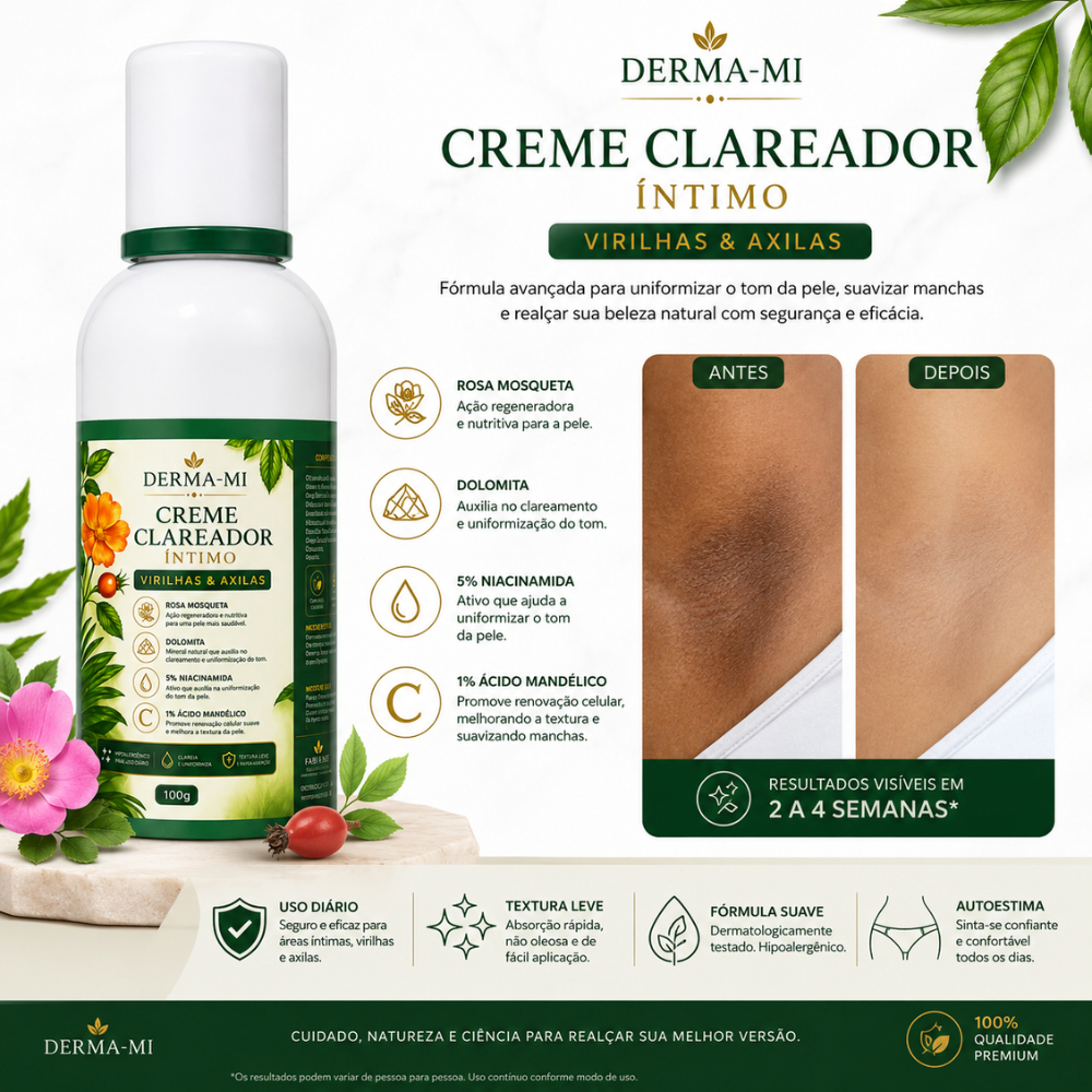Creme Clareador Íntimo Virilha e Axilas – com Niacinamida e Àcido MAndélico Uniformiza, Clareia e Revitaliza – 100g