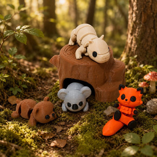 Animais do Bosque Articulados + Tronco Árvore - 5 PEÇAS - Impressão 3D