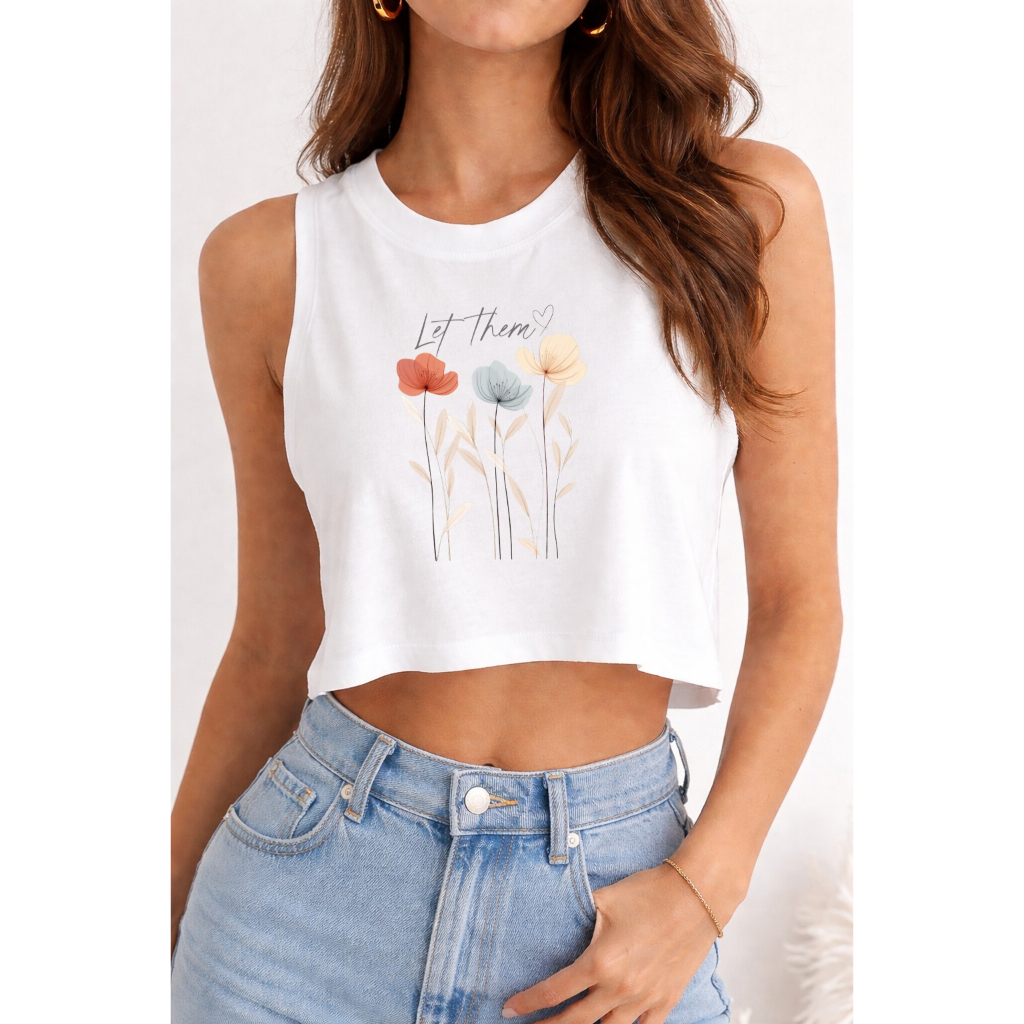 Regata Cropped Feminina de Algodão Básica Cavada Casual Verão flores let them