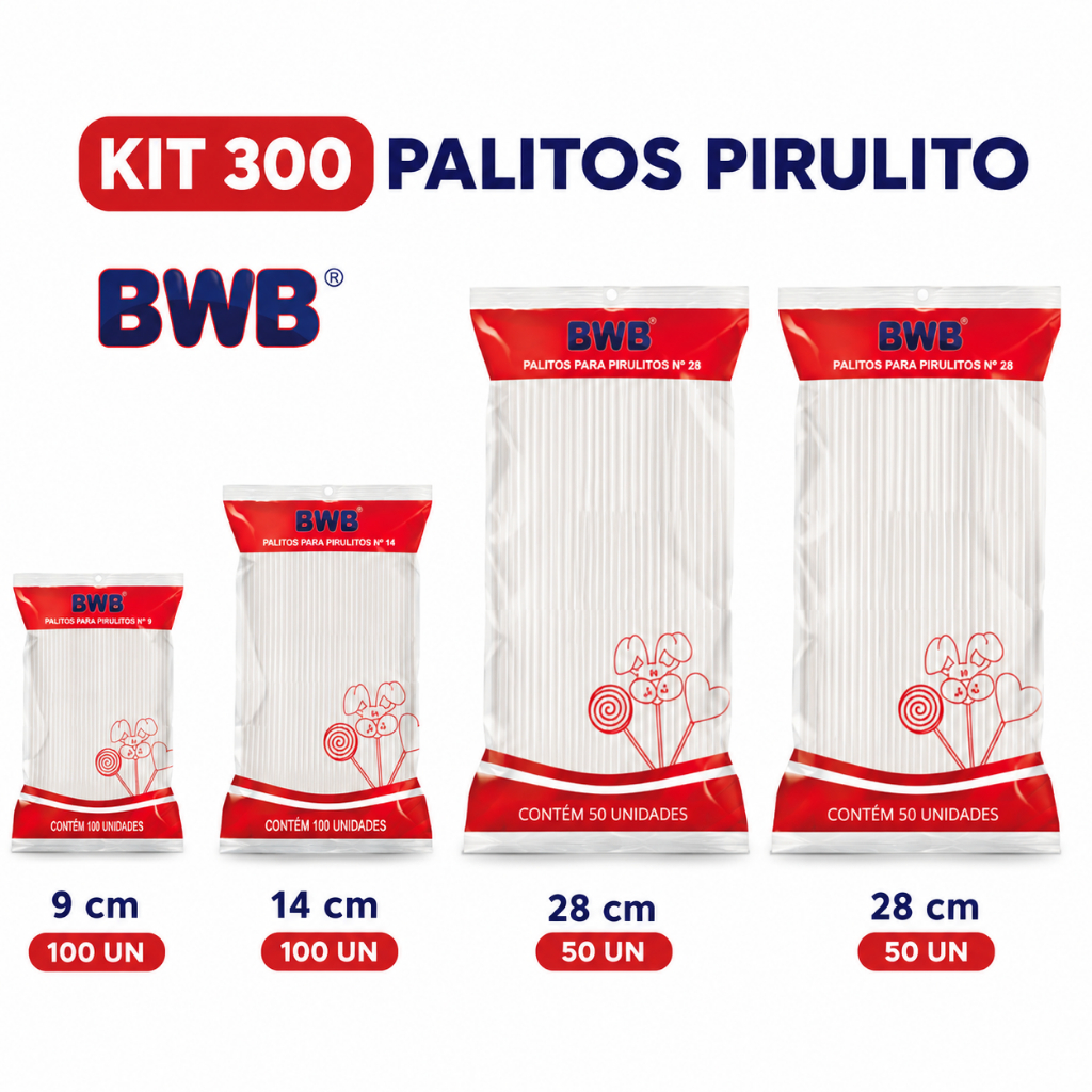 Kit 300 unidades Palito PET BWB Transparente para Pirulito Cake Pop Topo de Bolo e Doces | 9cm 14cm 28cm
