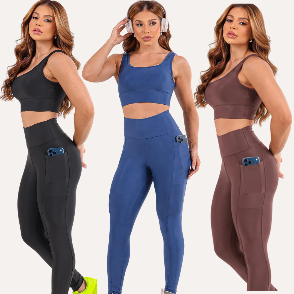 Conjunto Fitness Feminino Top Sustentação + Calça Bolso Alta Compressão Tecido Grosso