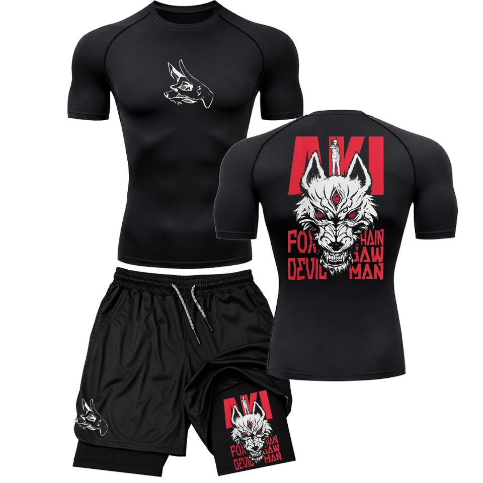 Kit Compressão Masculino Camiseta + Short 2em1 Academia Fitness Treino Kon Fox Devil Aki Chainsaw Man