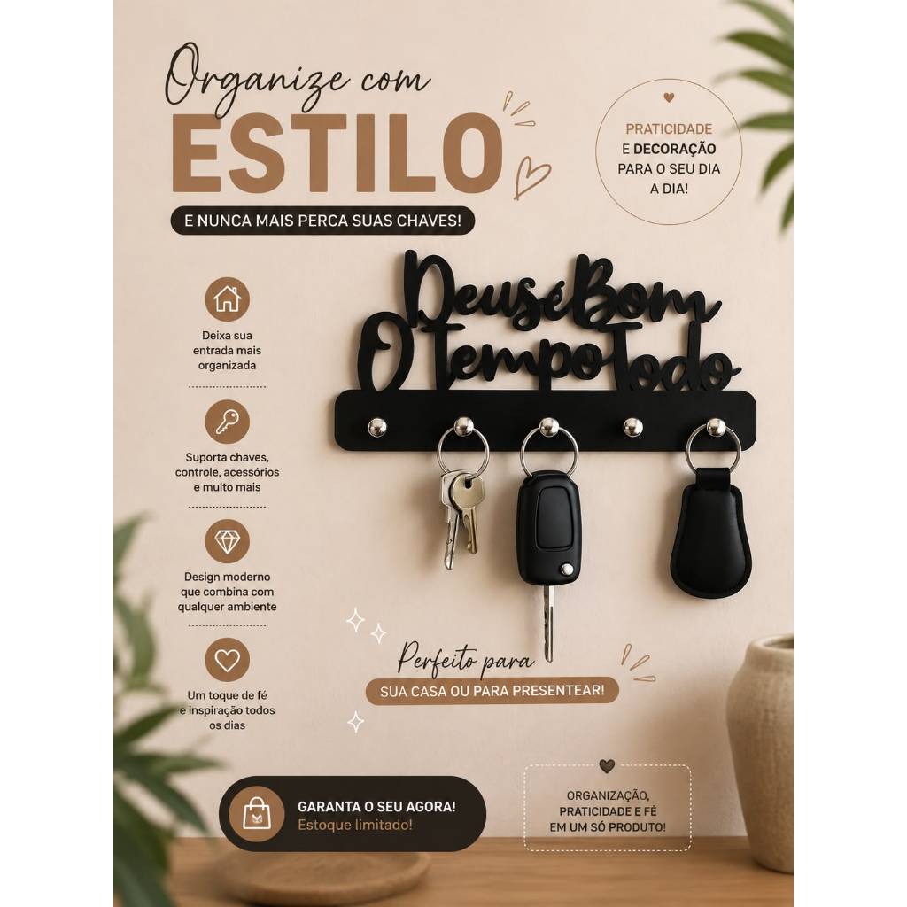 Porta Chaves de Parede Decorativo Multiuso em MDF 3mm Preto Deus é Bom o Tempo Todo Envio Imediato