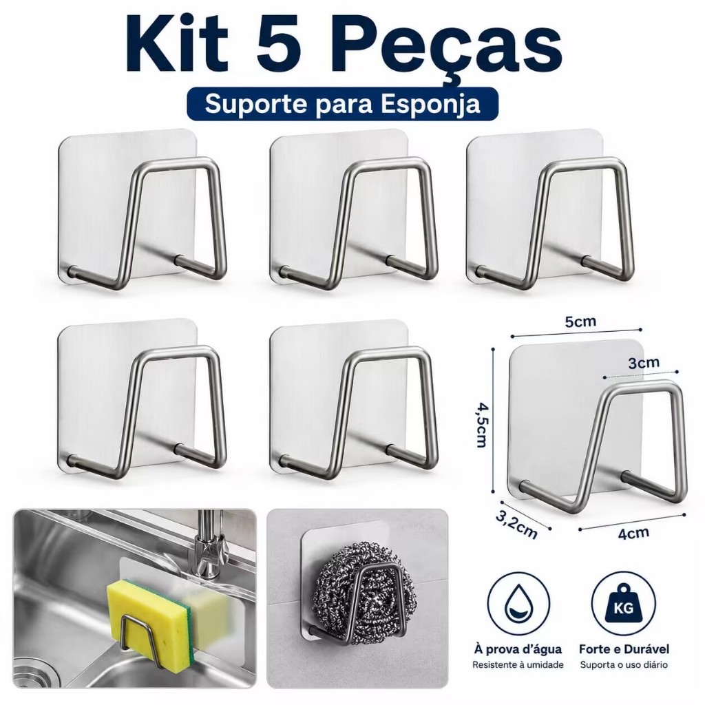 Kit 2 Suporte Porta Esponja de Pia em Aço Inoxidável Autoadesivo Organizador para Cozinha e Banheiro Sem Furos