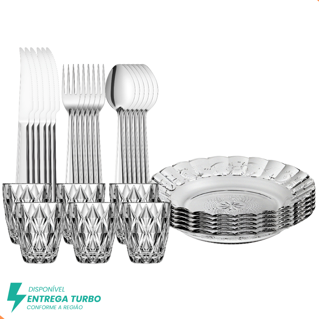 Aparelho de Jantar 30 Peças em Vidro e Aço Inox 6 Pratos, 6 Copos e 18 Talheres para Mesa Posta