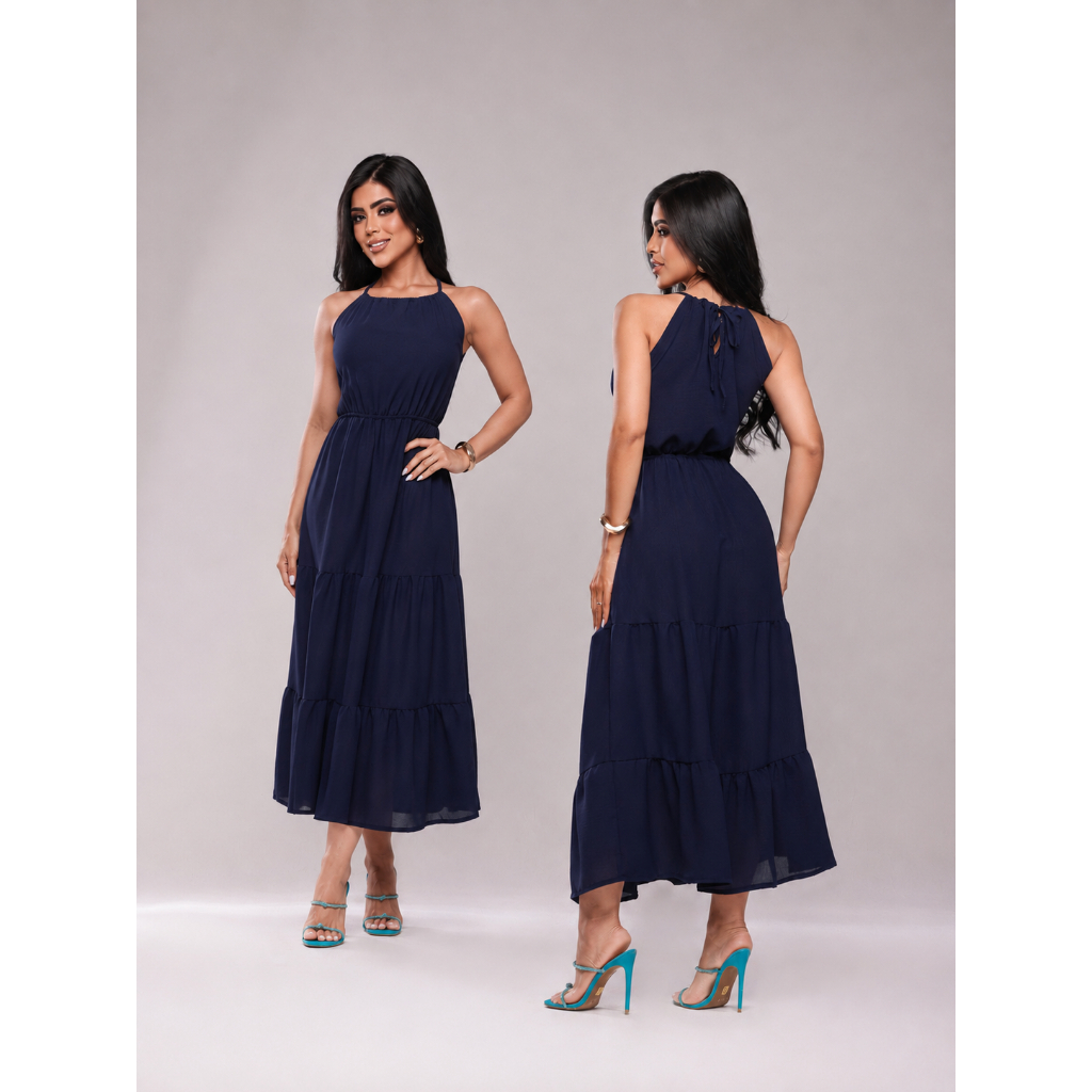 Vestido Midi Feminino Crepe Dunas Longo Alcinha Longo Cintura Marcada Soltinho Casual Elegante Moda Feminina