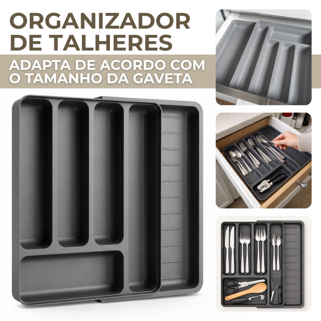 Organizador de Gaveta Porta Talheres Separador de Talher com Extensor Cozinha Ou