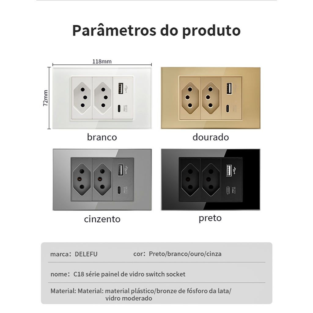 TOMADA DELEFU VIDRO TEMPERADO PADRÃO BRASILEIRO - PRONTA ENTREGA NO BRASIL