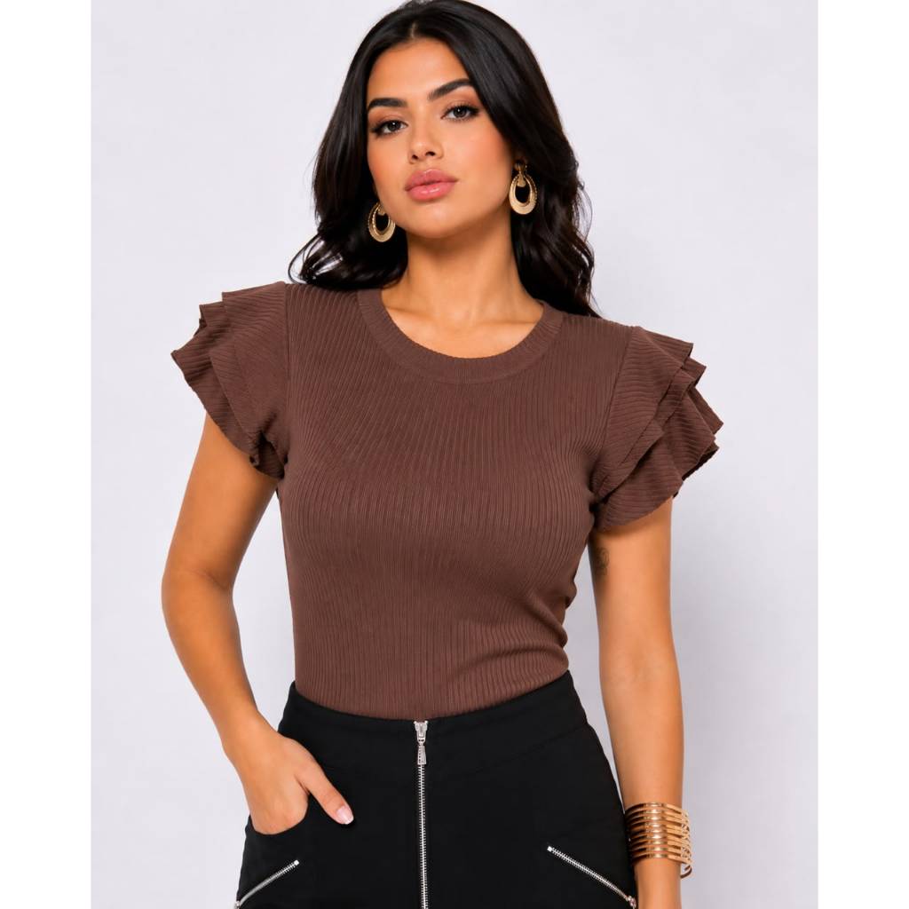 Blusa Feminina Canelada manguinha 3 Babados Blusinha Moda Blogueira