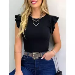 Blusa Feminina Girassol Canelado Manga Redondo Babados Blogueira Tendencia Moda