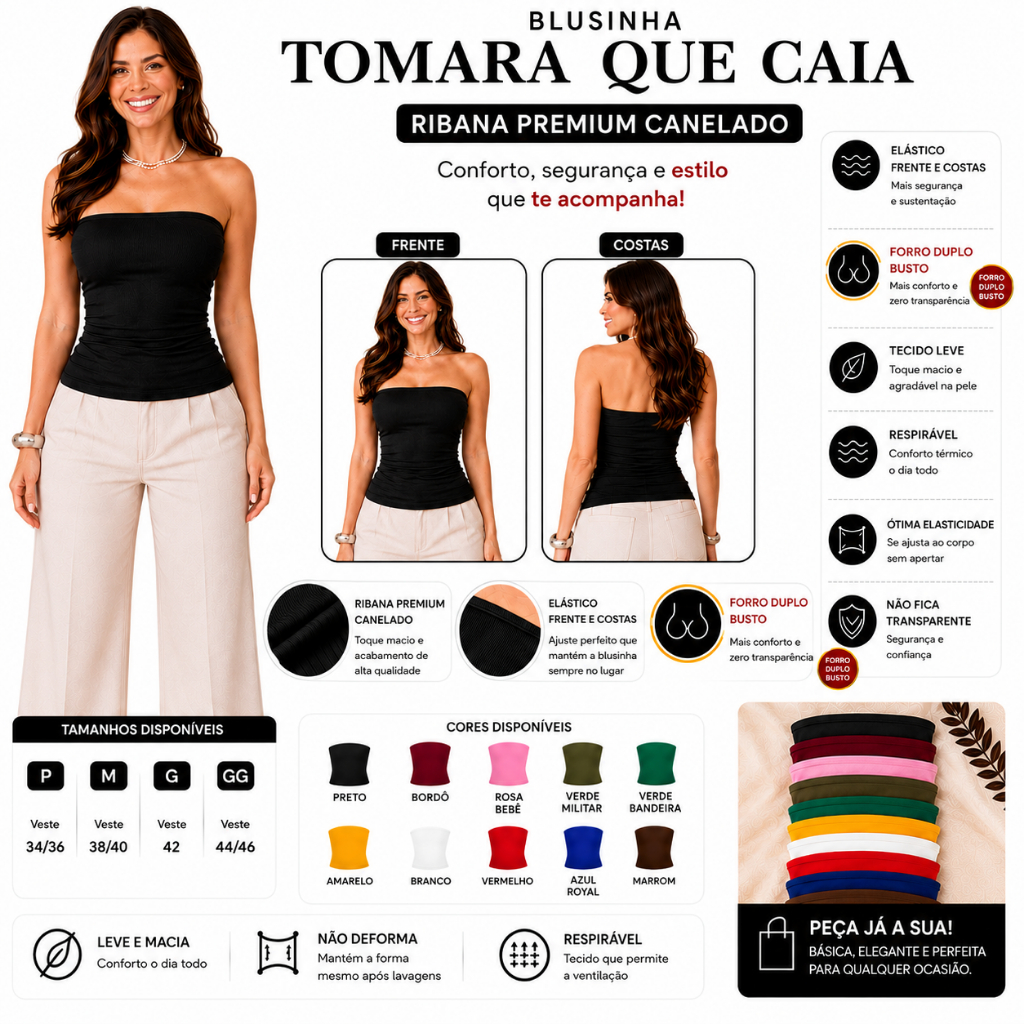 Blusa Blusinha Tube Top Ribana Feminino Forrado Tubinho Básico Canelado Moda Gringa Blogueira Premium Tendência