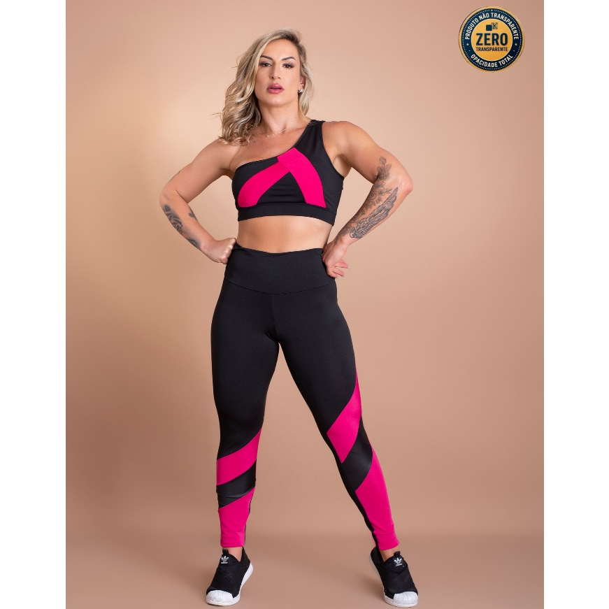 Conjunto Feminino Fitness Academia Calça Legging Detalhe Em Volta E Top Faixa Ombro ZERO TRANSPARÊNCIA