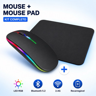 Mouse Sem Fio Bluetooth 5.2 2.4G Recarregável LED RGB com Mouse Pad Kit Completo