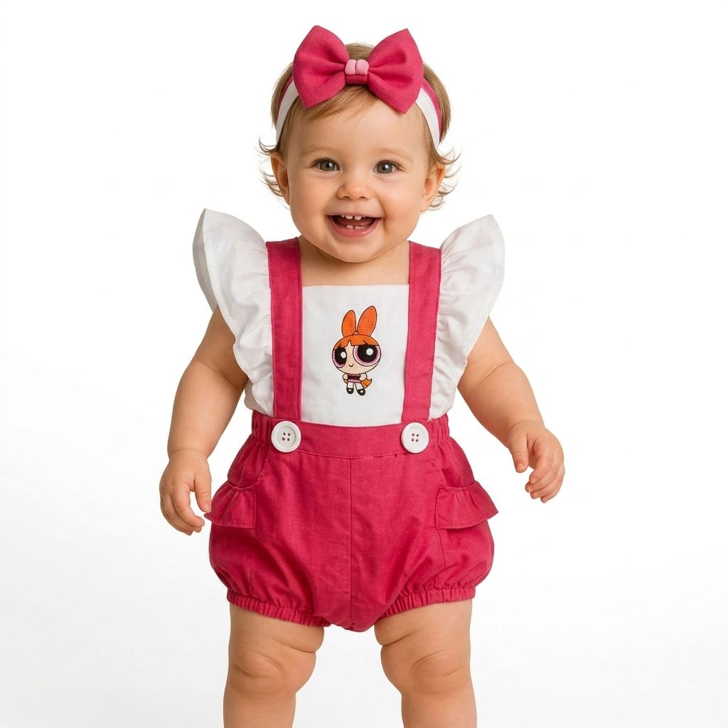Romper / Salopete / Jardineira Body Bebê Mesversário Temático As Meninas Superpoderosas Lindinha/ Florzinha e  Docinho