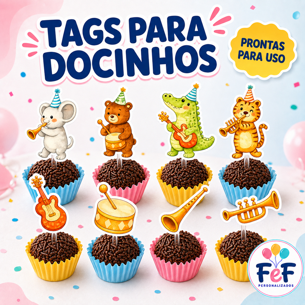 Toppers Tags Docinhos Doces Bandinha Musical Instrumentos Animais