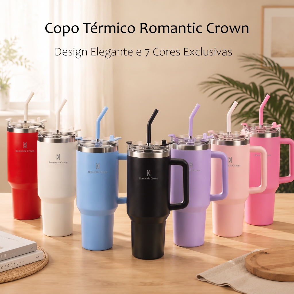 Imagem ROMANTIC CROWN Copo Térmico Inox Portátil 1200ml/600ml/1.2L Garrafa Térmica Inoxidável com Tampa e Canudo