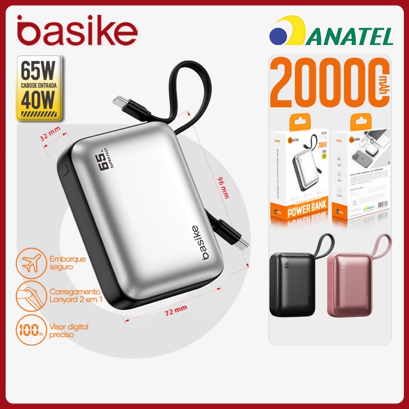 Basike Power Bank Turbo 20000mAh 65W TurboCharge，Carregador Portátil Rápido com 