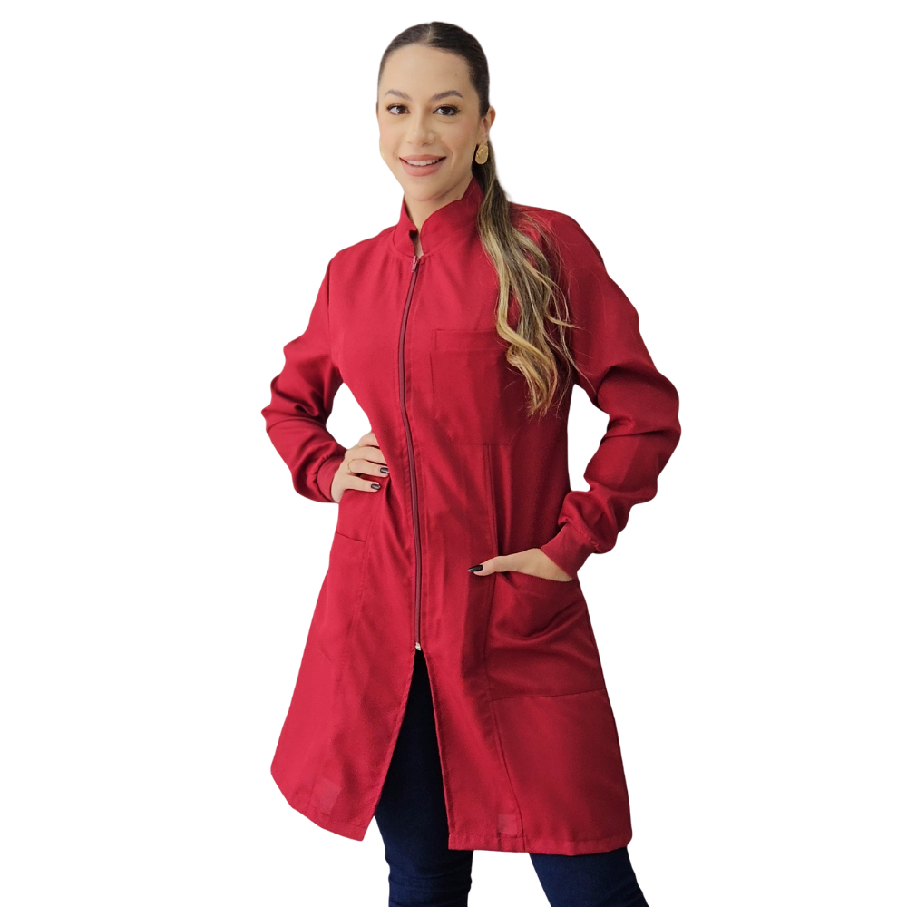Jaleco Bordô Feminino Oxford Ziper Manga Longa Gola Padre