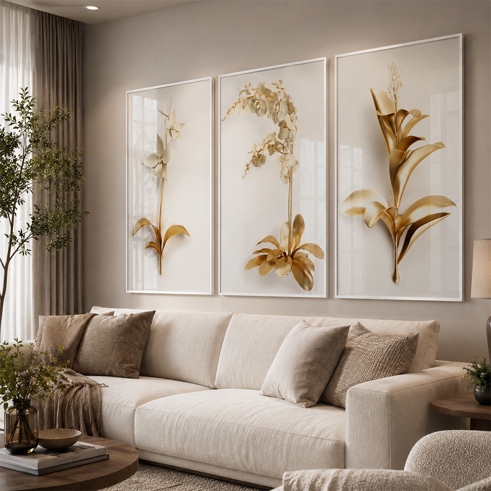 Quadro Decorativo Tríptico de Flores Abstratas Moldura Sala Quarto Escritorio