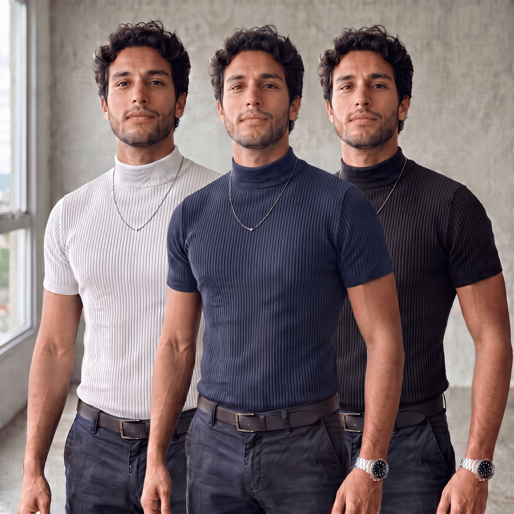 Kit 3 Camiseta Masculina Gola Alta Canelada Slim Fit Premium Old Money Manga Curta