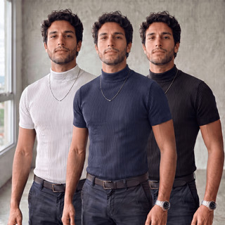 Kit 3 Camiseta Masculina Gola Alta Canelada Slim Fit Premium Old Money Manga Curta