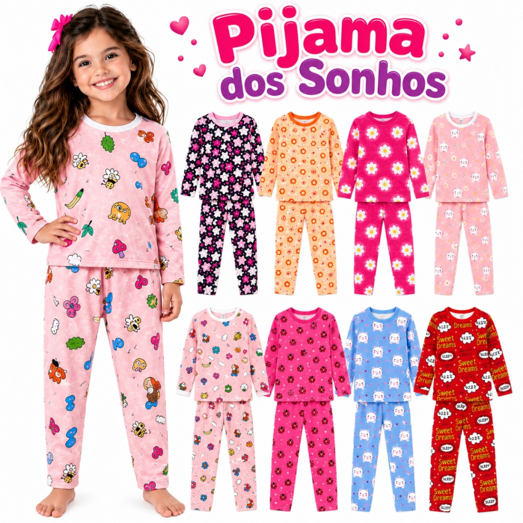 Pijama de Inverno Infantil Menina Kit 4 Peças Conjunto Quentinho Manga Longa + Calça, Malha Macia