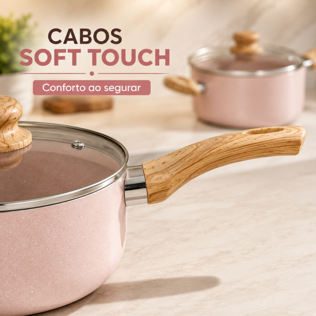 Jogo de Panelas Cerâmica 5 Peças Antiaderente Indução e Gás Cooktop Tampa de Vidro Cabo Soft Touch Não Gruda Cozinha · foto 2