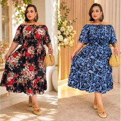 Vestido Feminino Plus Size Midi Floral Casual Crepinho Elegante Moda Verão 44 ao 54 Evangelica