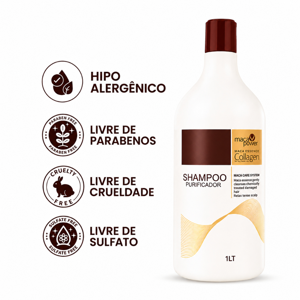 Shampoo Hidratação Profunda Maca Collagen 1L Sem Sulfato Cabelo Seco Danificado Reconstrução Brilho Maciez