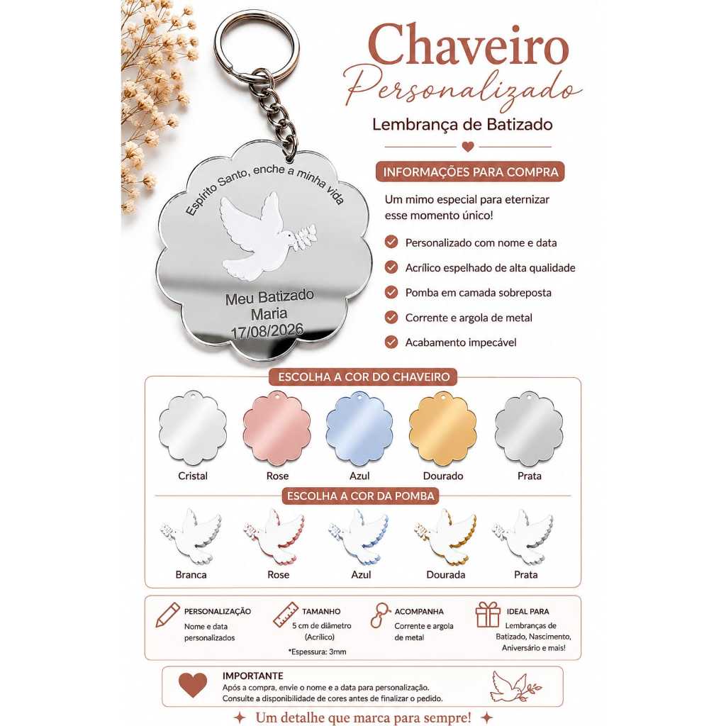 Kit Chaveiro Espírito Santo Personalizado – Lembrança Especial para Batizado!