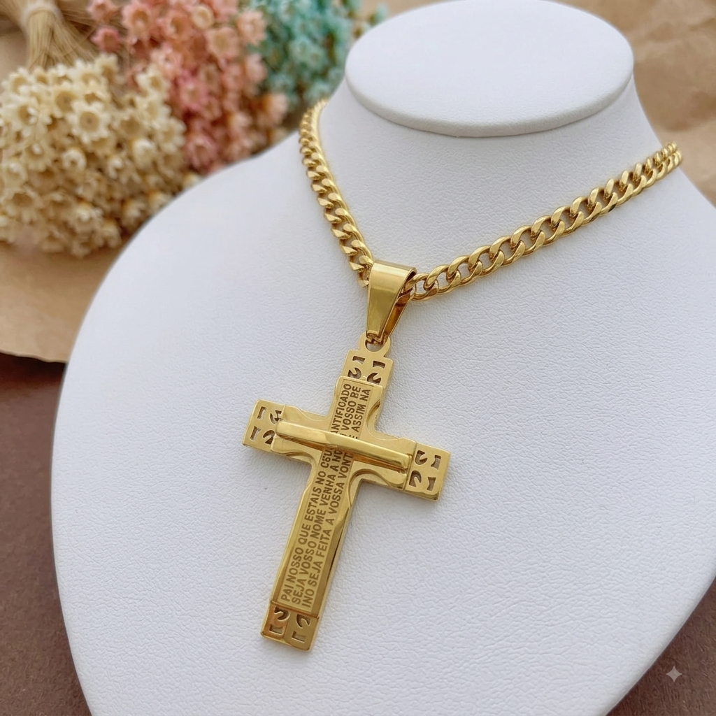 Colar Masculino Aço Inoxidável Dourado Religioso + caixinha
