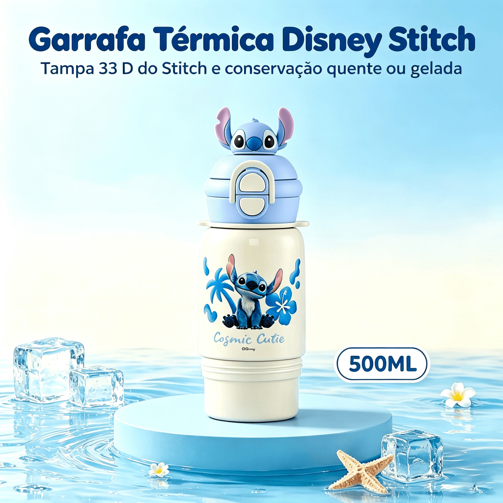 Garrafa Stitch Reforçada Escolar Infantil Azul Antivazamento Disney 500ml Copo A