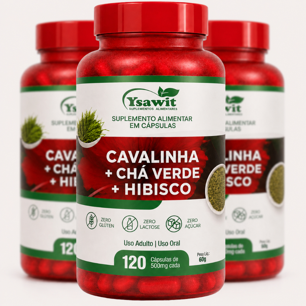 Hibisco + Cavalinha + Chá Verde - 120 Cápsulas 500mg - Ação 3 em 1 Termogênico - Metabolismo - Fitness - 100% Natural