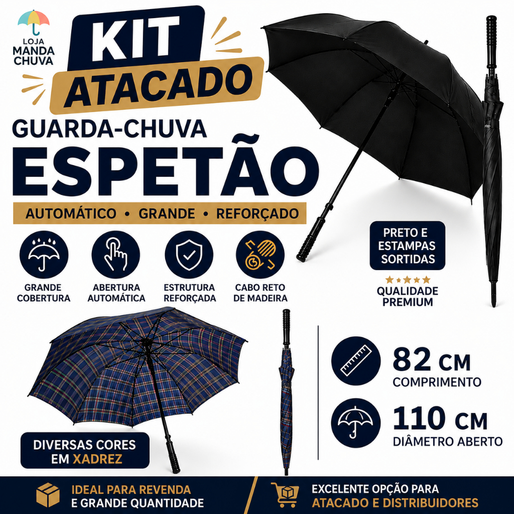 KIT 10/18/30 Guarda Chuva Grande Reforcado Automático Resistente Portaria Masculino Espetão Preto ou Xadrez Atacado