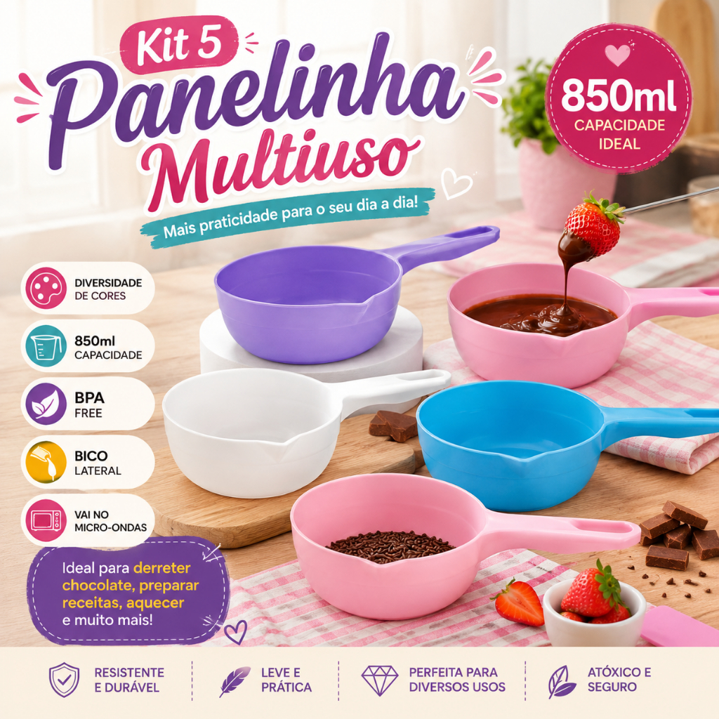 Kit 5 Panelinha Multiuso Confeitaria Para Doces Derreter Chocolate 850ml Várias Cores Microondas