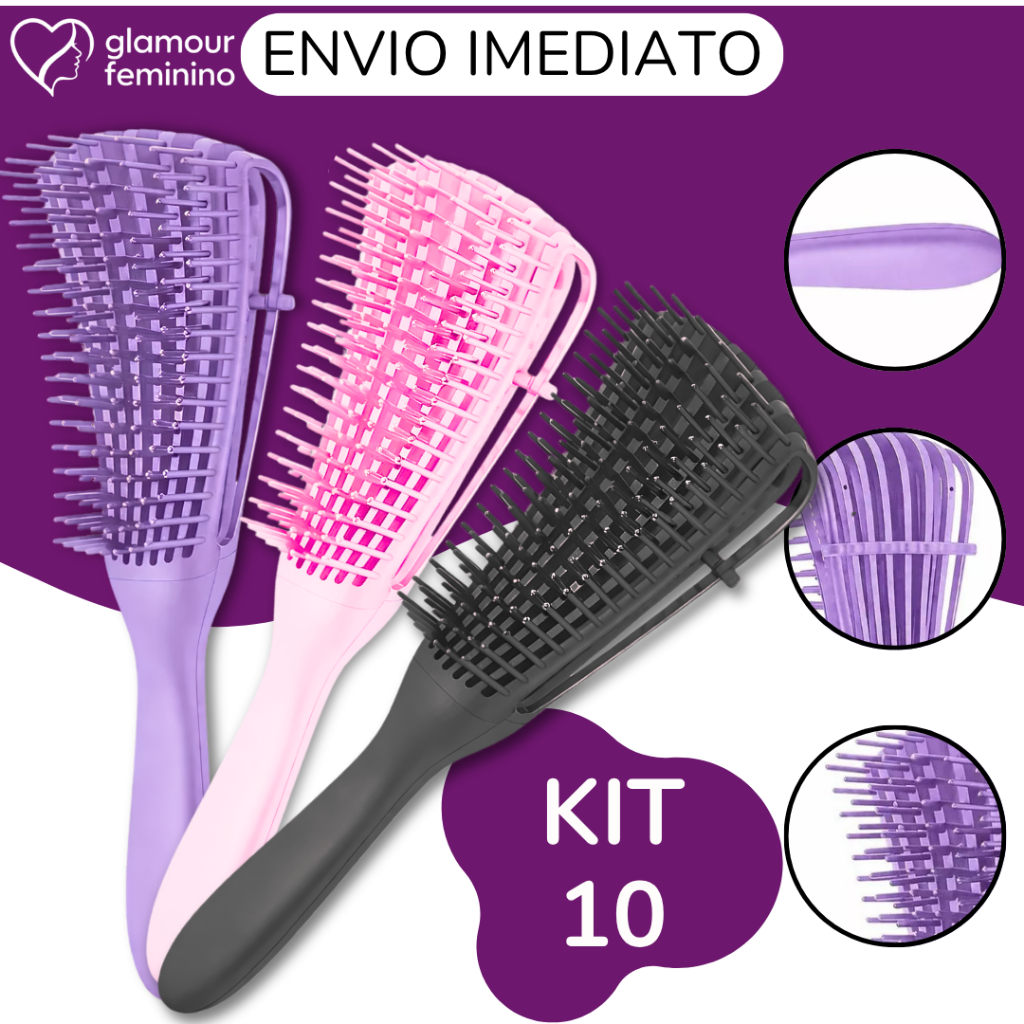 Kit 10 - Escova Polvo Anti Frizz- Pente pra Cabelo - Fácil Desembaraço - Glamour Feminino