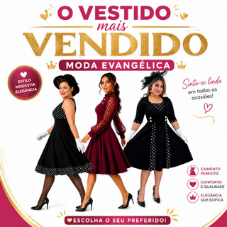 Vestidos Moda Evangélica Gospel Rodado Evasê Plus Size  Roupa Vestido Bolinhas Poá Godê Vintage anos 60 70