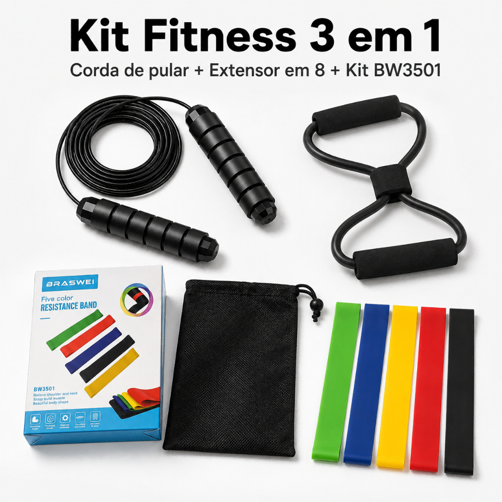 Kit de Treino 3 em 1 com Corda de Pular Extensor em 8 e 5 Faixas Elásticas para Exercícios em Casa