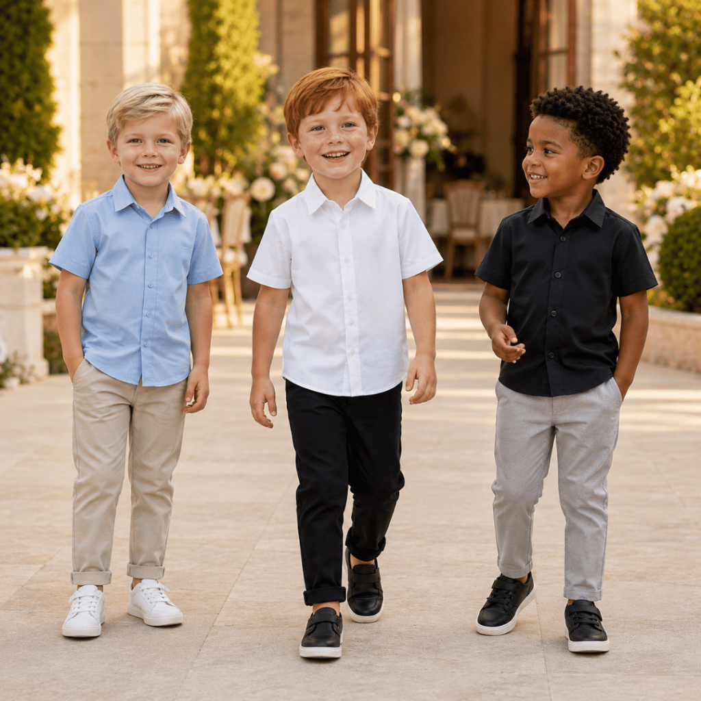 Conjunto Social Infantil Menino Camisa Manga Curta Calça sarja kids Batizado Casamento Festa Pajem