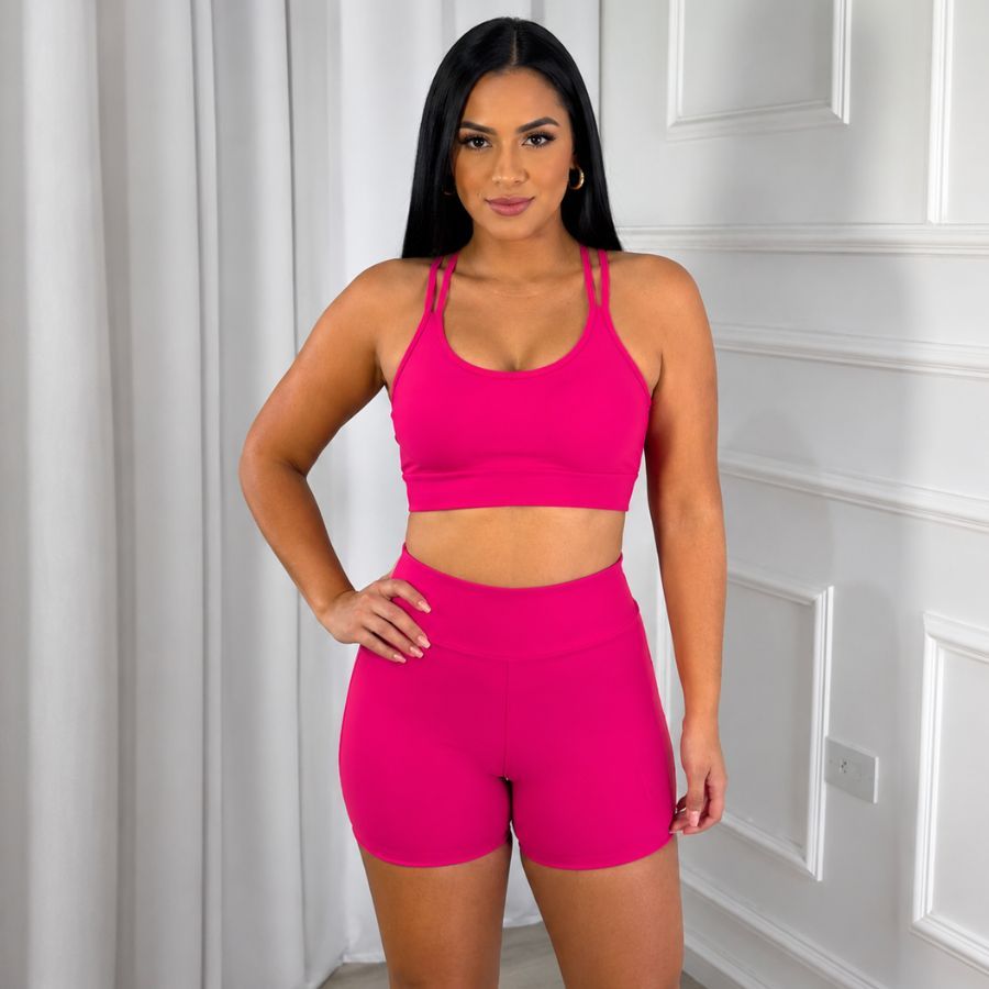 Roupa de Academia Feminino Short e Top Conjunto com Bojo Removível Zero Transparencia Liso Básico Cintura Alta