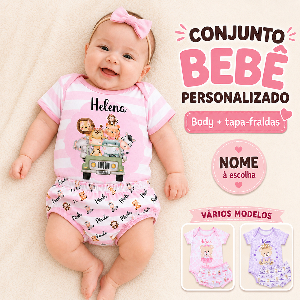 Conjunto Bebê Menina Personalizado com Nome Body + Tapa Fraldas Vários Modelos