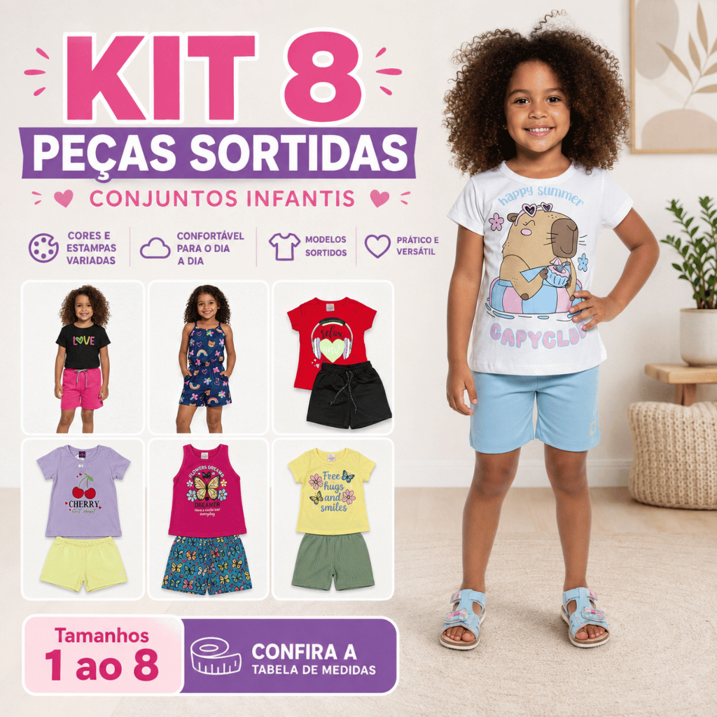 Kit 8 Peças Roupa Infantil Menina Conjunto Feminino Verão Camiseta Shorts Sortidos Estampados Tamanho 1 ao 8