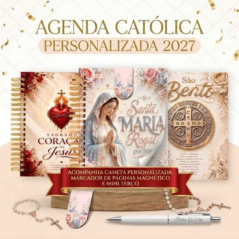 Agenda Católica Personalizada 2027 Premium + Caneta + Marcador Magnético + Kit Devoção (Tassel e Mini Terço)
