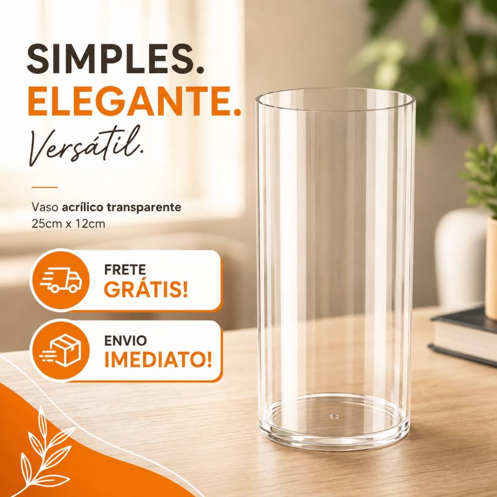 Vaso Cilindrico para Arranjo de Flores e Decorações de Mesas Acrilico charmoso 25x12cm - DV81458