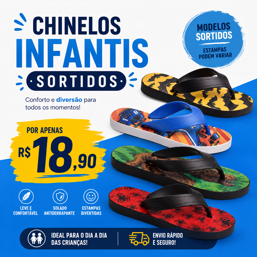 Chinelo de Dedo Infantil Masculino Personagens Sortidos Leve Macio Antiderrapante Zero123