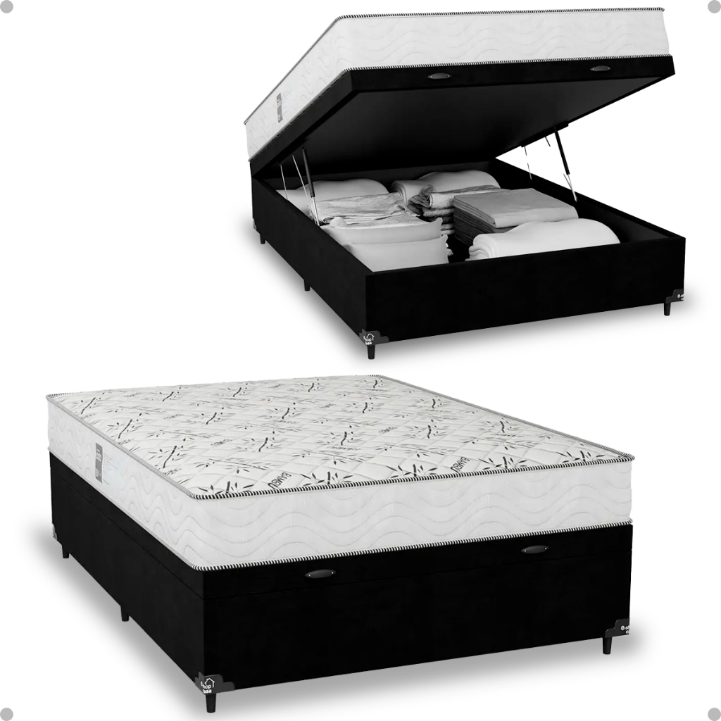 Baú Viúva Suede Preto + Colchão D33 One Face Branco- e-Shop Casa